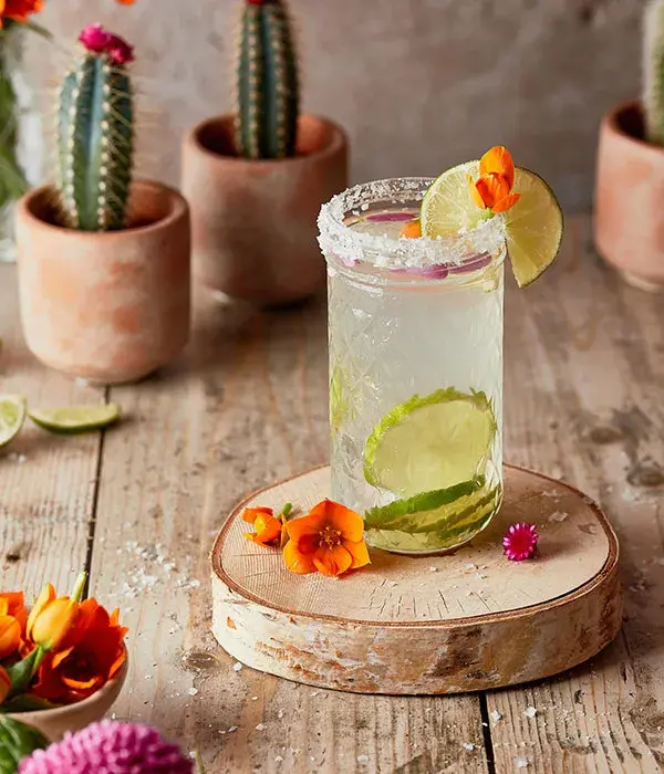 Cóctel de autor escarchado con sal, decorado con flores comestibles y limones, un reflejo de la mixología artística mexicana.